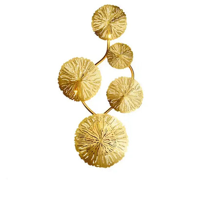Decorbites lotus leaf wall lights featuring gold textured circular discs on metallic arms for living room decor