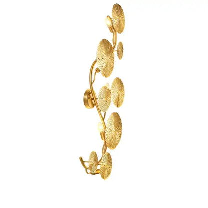 Golden leaf-shaped decorbites lotus leaf wall lights with intricate detailing and multiple LED light fixtures for living room and bedroom decor