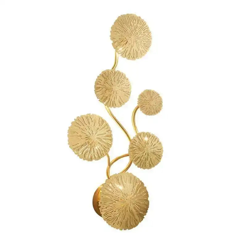 Gold-toned decorbites lotus leaf wall lights with textured circular disc elements on curved metallic stem for living room decor