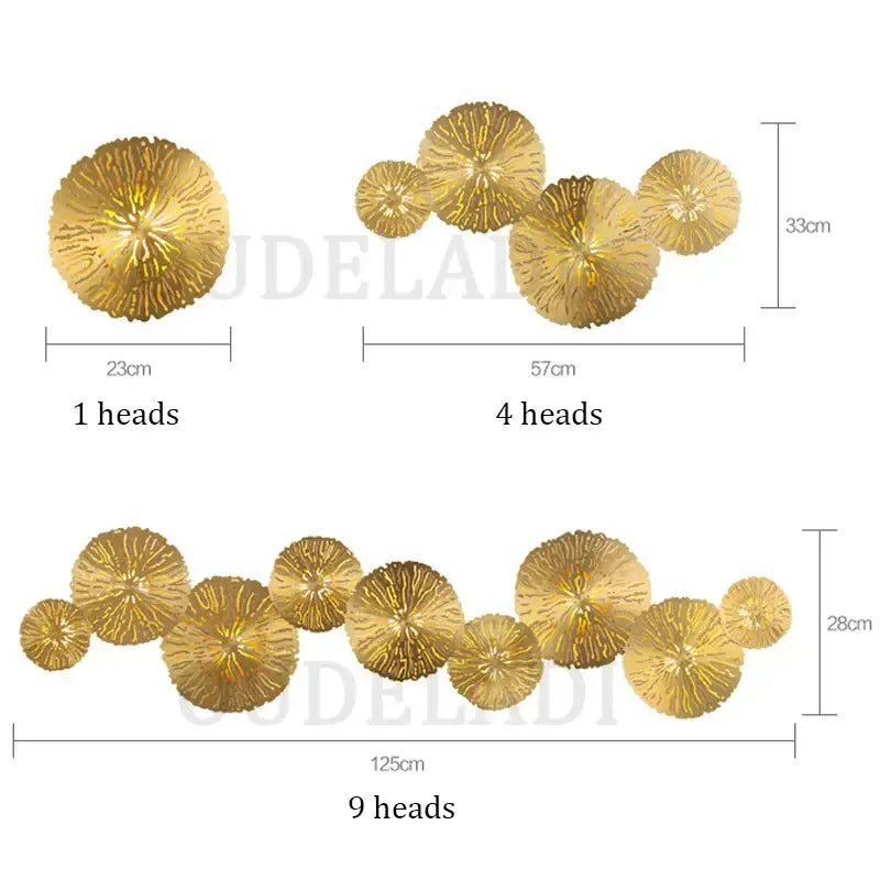 Decorbites lotus leaf led wall sconce featuring gold-colored textured circular metallic lotus leaf art pieces in copper finish