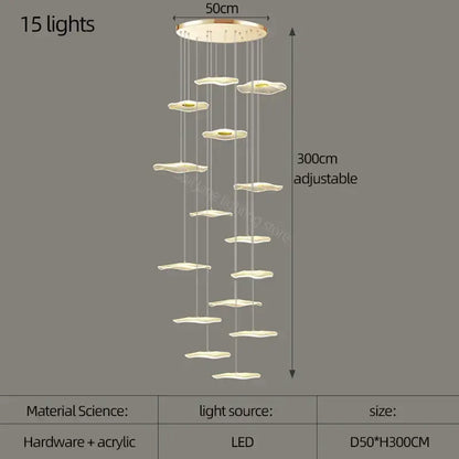 Modern adjustable 300cm decorbites lotus leaf nordic chandelier with 15 led lights and translucent acrylic shades