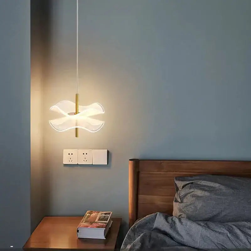 DecorBites™ lotus leaf pendant light with translucent petal glass shade and gold metal stem for restaurant and bedroom