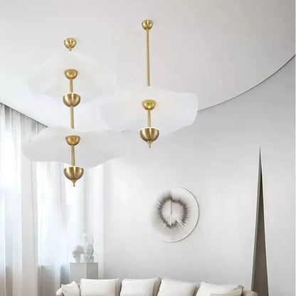 Gold-toned decorbites lotus leaf pendant lights with translucent diffusers and brass rods for modern ceiling chandelier