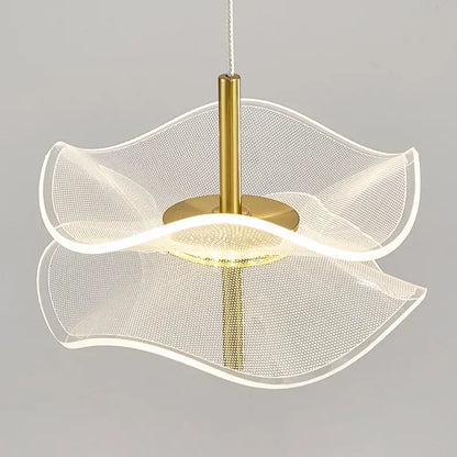 DecorBites lotus leaf pendant lights feature gold metal stems with translucent wavy mesh layers emitting soft white glow