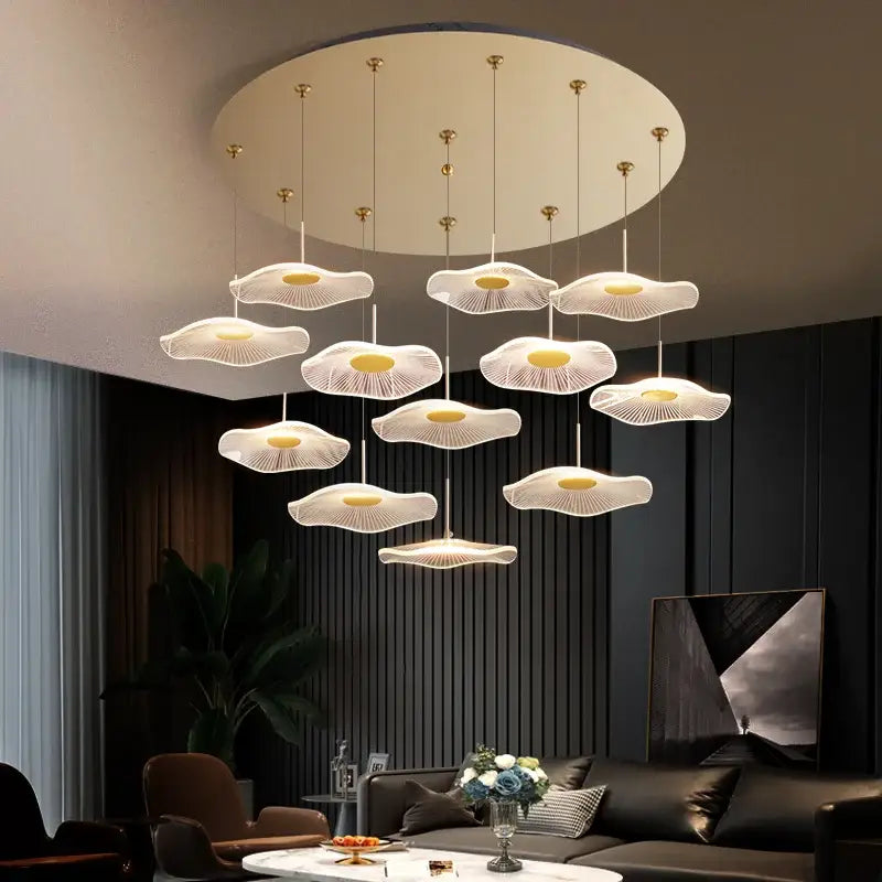 Decorbites lotus leaf tea spiral staircase chandelier with modern white cloud-shaped pendant lights and gold accents