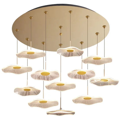 Modern decorbites™ lotus leaf tea chandelier with white petal-shaped lights and gold-toned circular mount