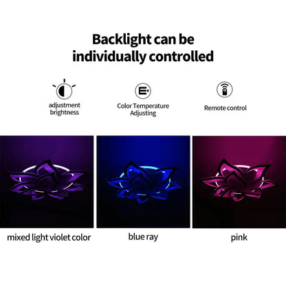 Decorbites lotus led chandelier with flower-shaped black silhouette and customizable violet blue pink backlighting for interiors