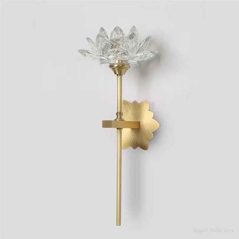DecorBites lotus led crystal wall lamp featuring a delicate crystal lotus flower with brass stem for bedroom decor