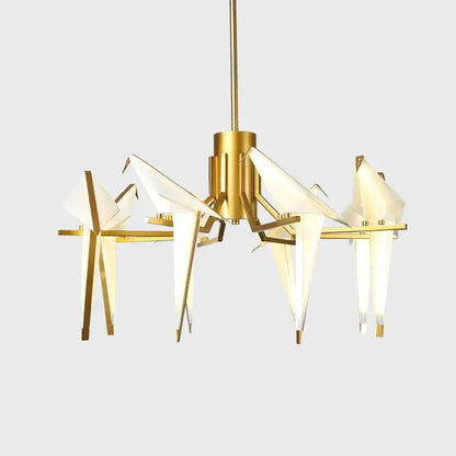 Gold-toned DecorBites love bird chandelier with origami crane design and white paper-like shades for dining room lighting