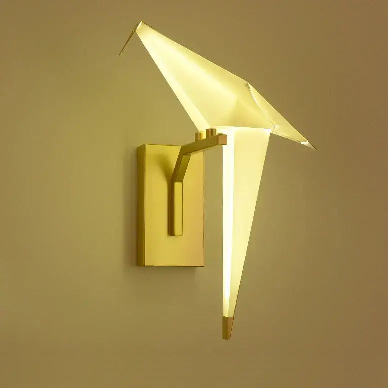 Gold-toned DecorBites™ Love Bird led wall sconce with iron acryl geometric design and warm ambient lighting for bedroom corridor