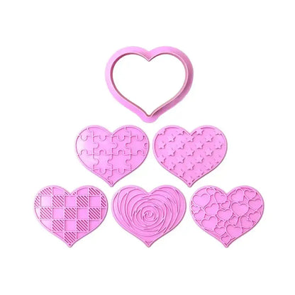 Set of six pink silicone decorbites love heart biscuit cutters with intricate designs for valentine’s day cake decorating tools