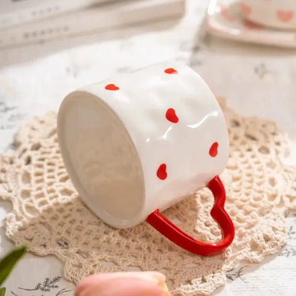 White ceramic mug with red heart shaped handle and polka dots decorbites love heart ceramic mug for valentine gift