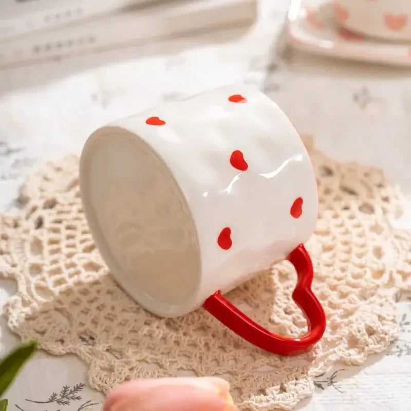 White ceramic mug with red heart shaped handle and polka dots decorbites love heart ceramic mug for valentine gift