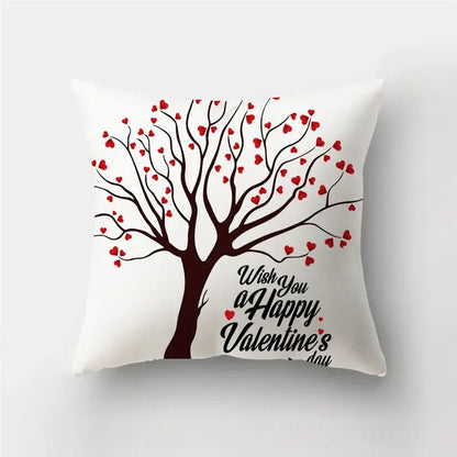 White decorbites pillow cover with black tree love heart print and valentine’s day message for sofa decor