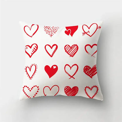White throw pillow cover with playful red love heart print pattern ideal for home decor and sofa cushions