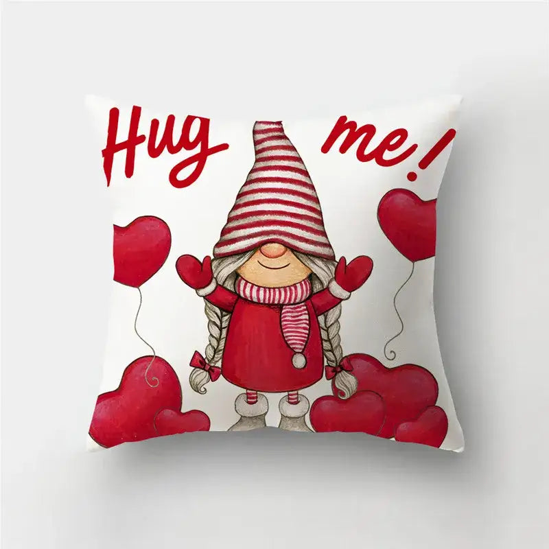 White throw pillow cover with love heart print featuring a gnome holding red heart balloons hug me design