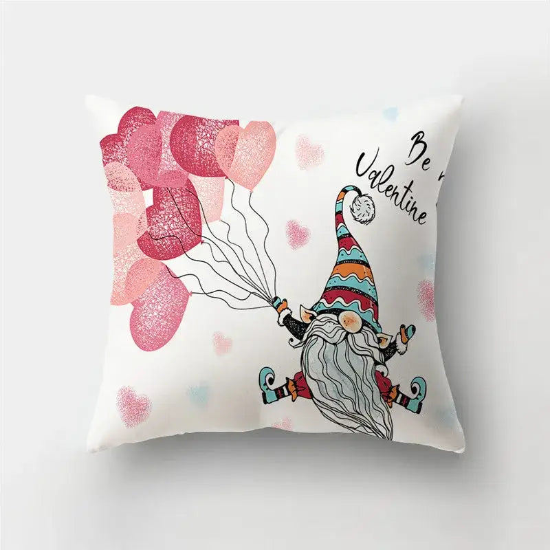 White DecorBites™ pillow covers 45x45cm with love heart print gnome and be valentine text for sofa decor