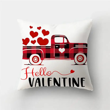 White pillow cover with red and black plaid truck love heart print and hello valentine text for home decor