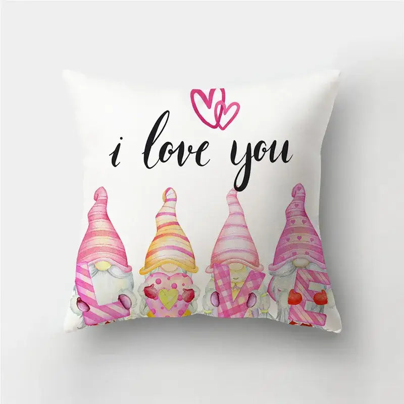 White pillow cover with love heart print featuring pink-striped gnomes and i love you script for home decor sofa use