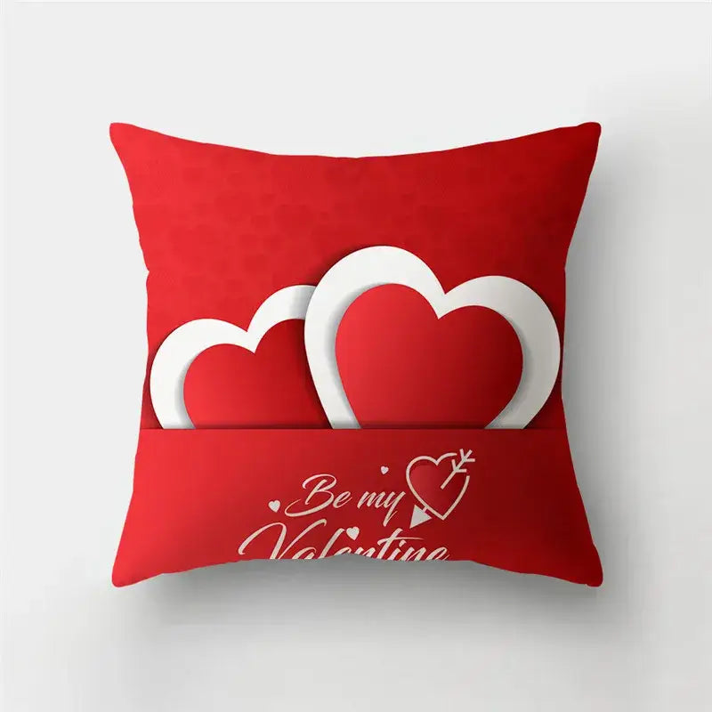 Red throw pillow cushion covers with layered love heart print and be my valentine script for valentine’s decor
