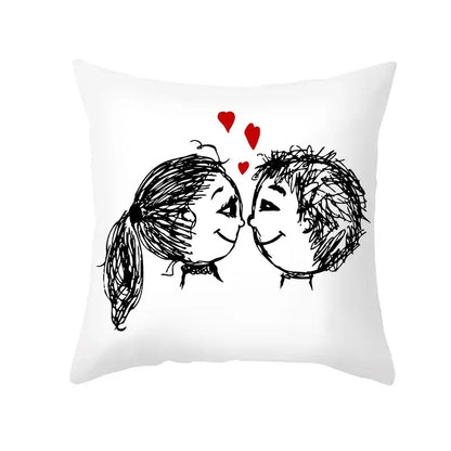 White square pillow cover with love heart sketch of cartoon lovers kissing and red hearts printed on peah skin fabric