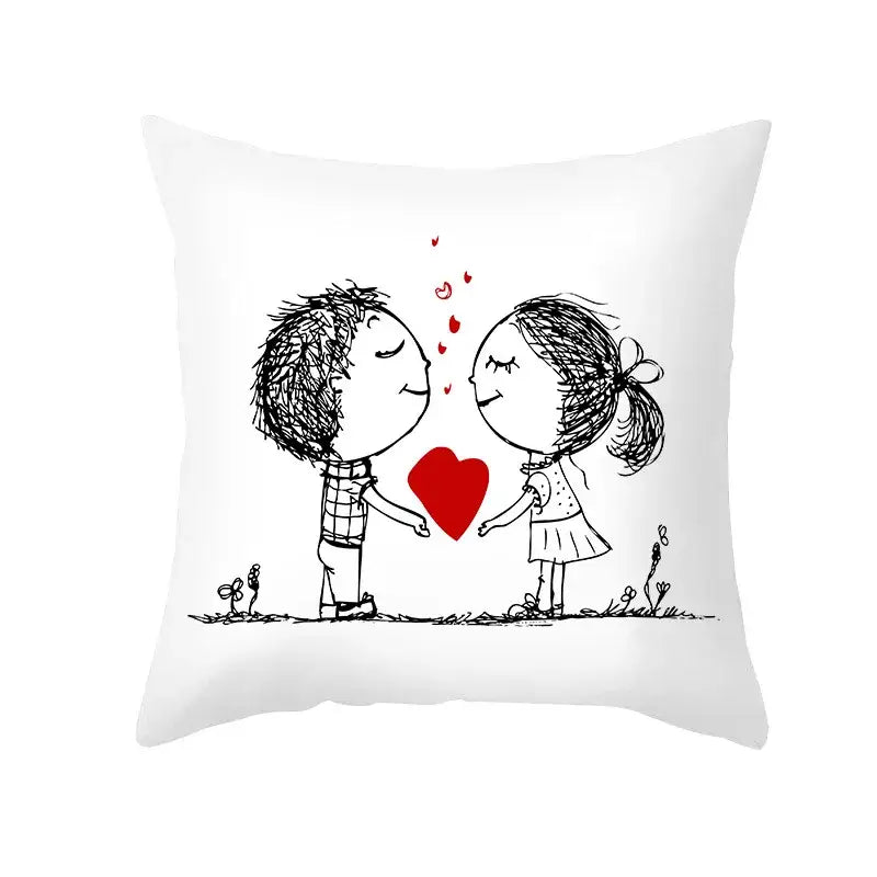 White square peah skin pillow cover with black and red love heart sketch of two children sharing a heart