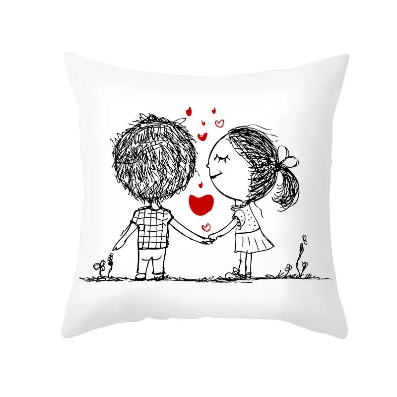 White square pillow cover with black and red love heart sketch of children holding hands on peah skin fabric