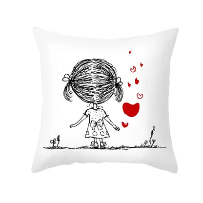 White square peah skin pillow cover featuring black ink love heart sketch of girl with pigtails and red hearts floating around her