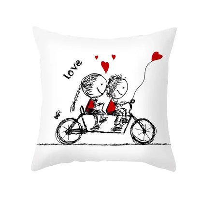 White pillow cover with black and red love heart sketch of couple riding tandem bicycle printed on peah skin fabric