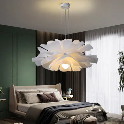 A modern DecorBites love me not chandelier flower lamp with simple white flower shades for bedroom or kitchen lighting