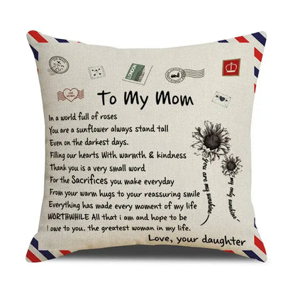 Beige linen cushion cover decorbites love mom with red white and blue striped border and vintage postage design