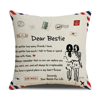 Beige linen cushion cover with vintage air mail design and dear bestie text by DecorBites love mom cushion