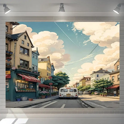 Decorbites love street landscape wall hanging tapestry with pastel buildings and vintage bus for bedroom decor