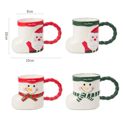 Decorbites lovely christmas socks ceramic mug in white shaped like boots with santa and snowman faces and red green handles