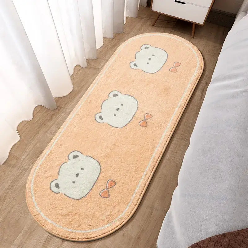 Soft peach decorbites lovely rabbit pink bedside oval bath mat with three white bears wearing orange bows for children