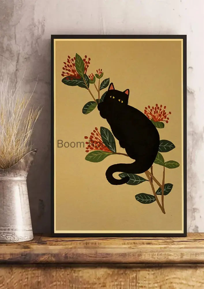 Decorbites™ lover cat paper poster featuring a black cat with red flowers and green leaves on beige background framed black
