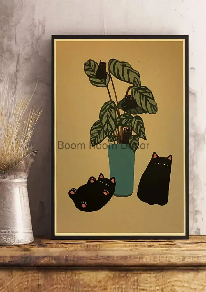 DecorBites™ lover cat paper poster featuring black illustrated cats on a potted plant against a beige background