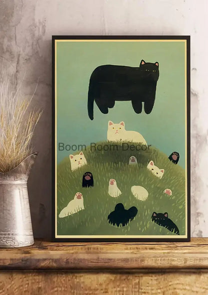Decorbites™ lover cat paper poster black and white illustrated cat in dark frame for home decor wall art