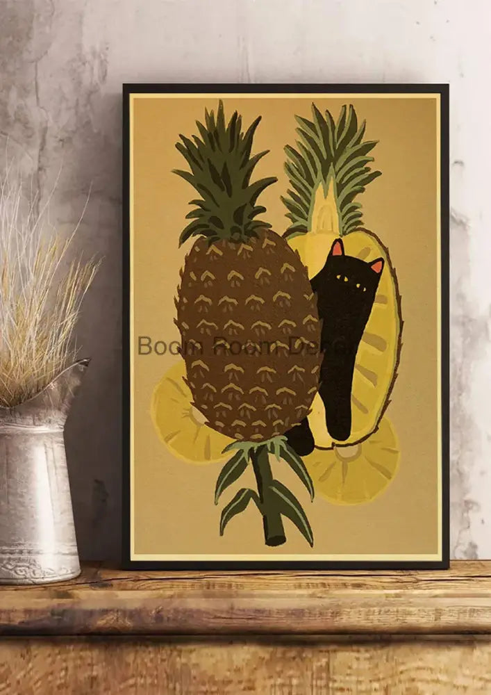 A framed decorbites™ lover cat paper poster with stylized pineapples and a black cat on a warm beige background