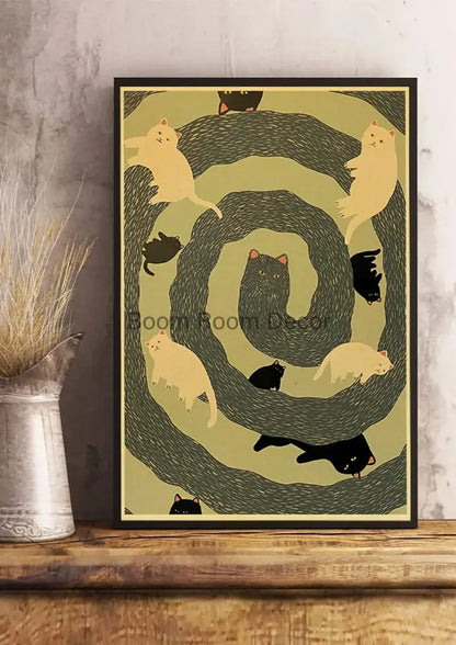 A framed decorbites™ lover cat paper poster featuring black and cream stylized cats on an olive green background