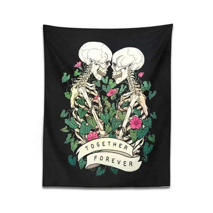 Black decorbites lover skeleton tapestry featuring two white skeletons entwined in green vines and pink flowers