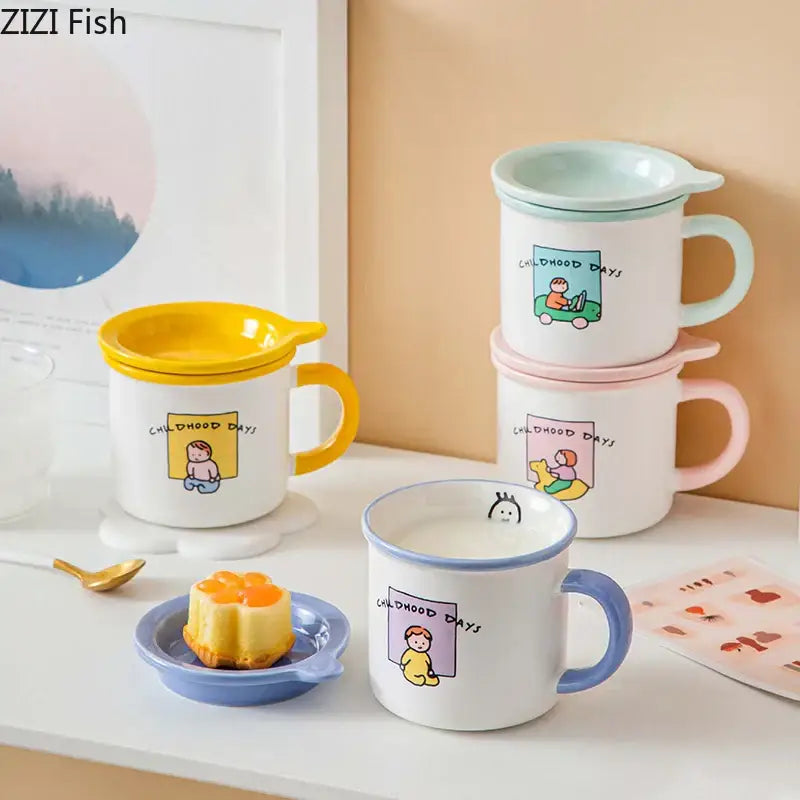 White ceramic coffee mug with colorful pastel lids and decorbites lovers cartoon pattern for dining table use