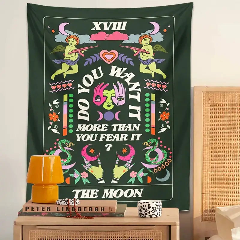 Dark green decorbites lovers tapestry featuring whimsical cherubs with guns moons and text for psychedelic wall decor