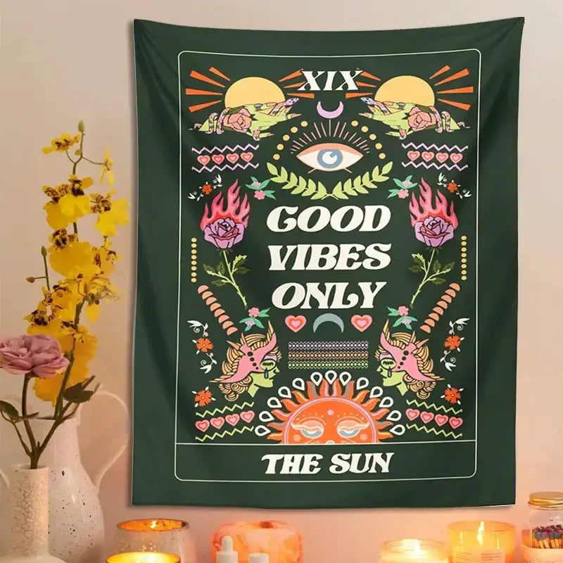 Dark green decorbites lovers tapestry featuring vibrant eyes suns roses and text good vibes only for wall hanging decor