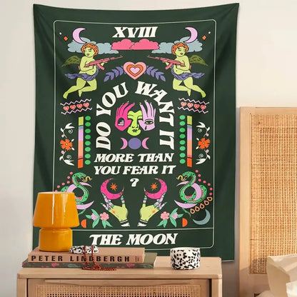 Dark green decorbites lovers tapestry with whimsical cherubs moons and text for psychedelic wall hanging decor