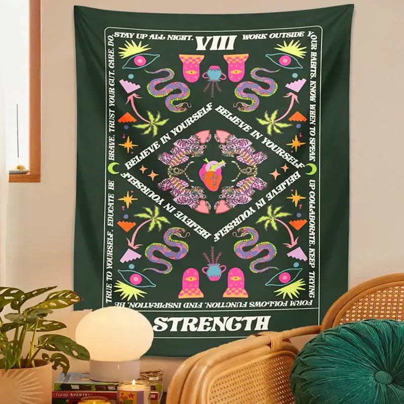Dark green decorbites lovers tapestry with psychedelic snakes eyes motivational phrases and celestial symbols border