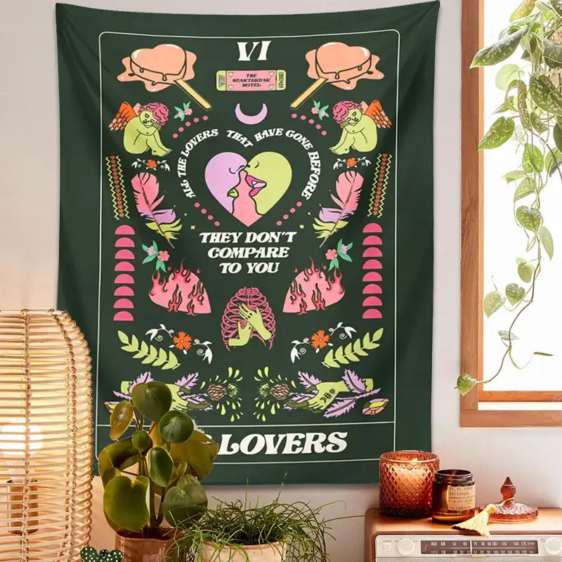 A vibrant green DecorBites lovers tapestry featuring a tarot lovers card with pink lime accents and whimsical illustrations