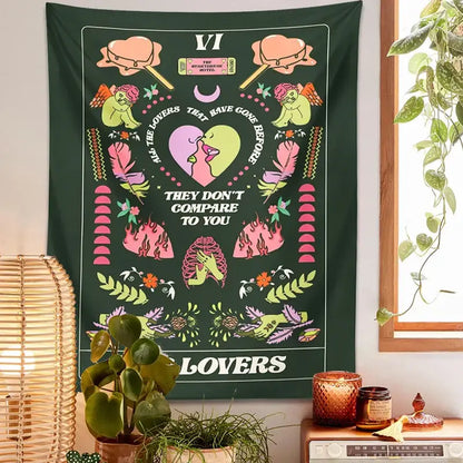 A vibrant green DecorBites lovers tapestry featuring a tarot lovers card with pink lime accents and whimsical illustrations