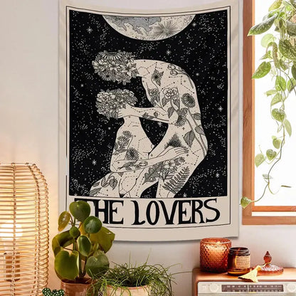 Black and white decorbites lovers tarot tapestry with illustrated couple and floral patterns for spiritual wall decor