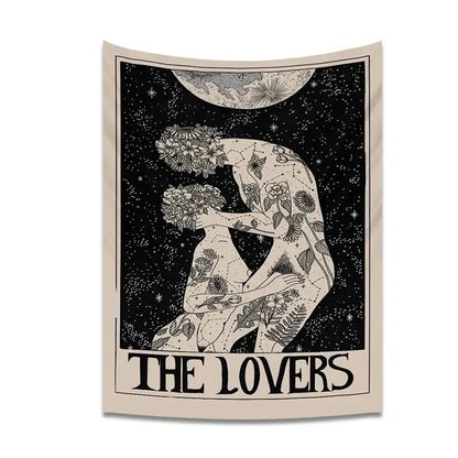 Black and cream lovers tarot tapestry by decorbites featuring intricate figures and floral patterns for spiritual decor